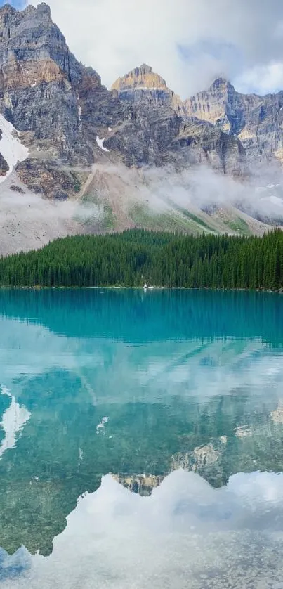 Serene mountain lake with reflections of peaks and trees.