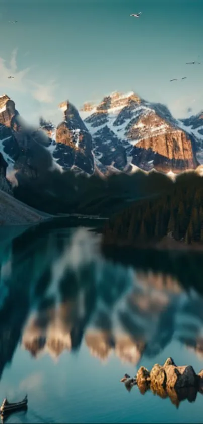 Majestic mountain reflected in tranquil lake scenery.