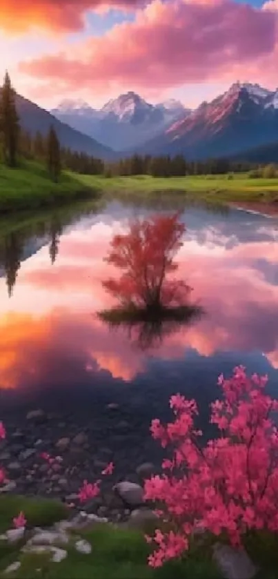 Serene mountain lake with sunset reflection and pink flowers.