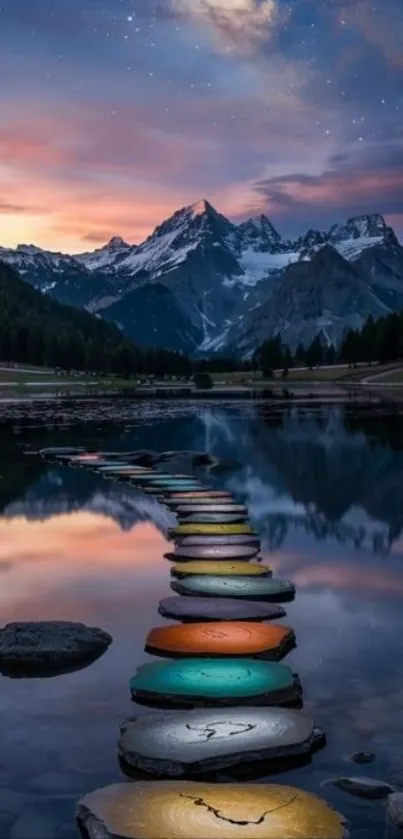 Serene lake with colorful stones and mountain view at sunset.