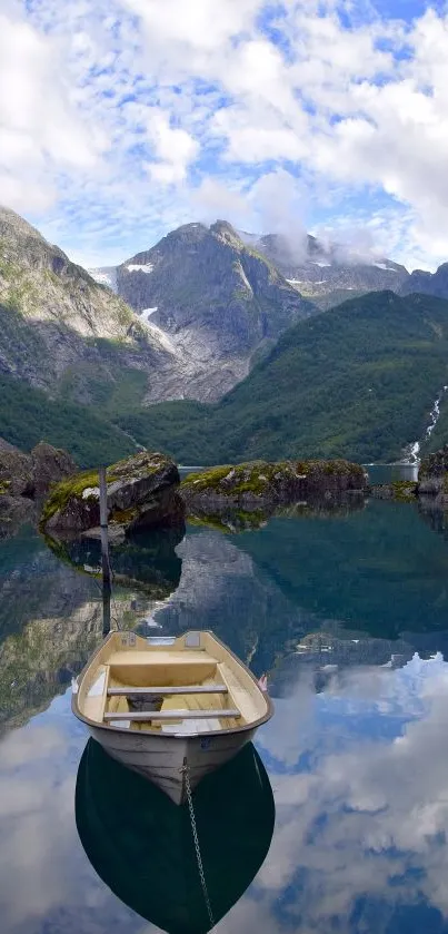 Serene lake with boat reflecting mountains and sky.