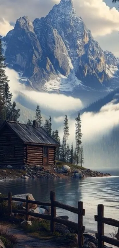 Mountain lake scene with cabin and misty peaks.