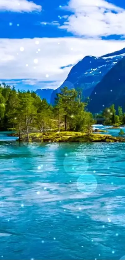 Tranquil mountain lake with lush greenery and a clear blue sky.