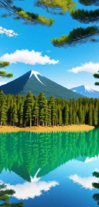 Serene mountain lake with pine forest and blue sky reflection.