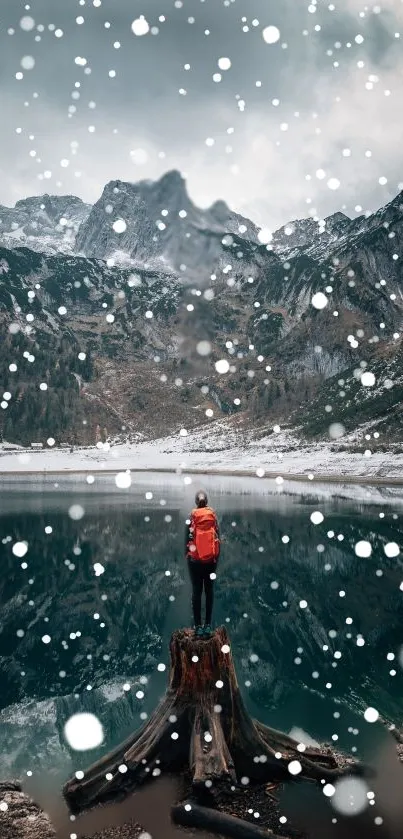 Person with backpack by a snowy mountain lake.