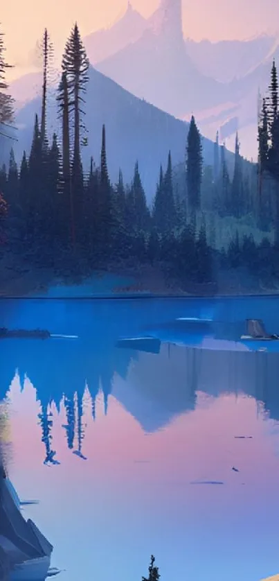 Mountain lake at sunset with pastel skies and forest reflections.