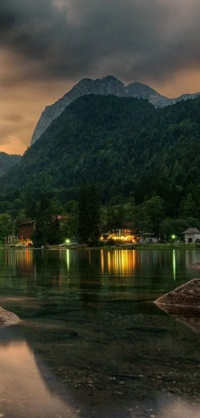 Serene mountain lake at sunset with forest.