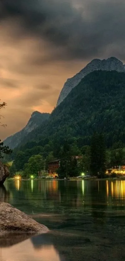 Scenic mountain and lake view at sunset.