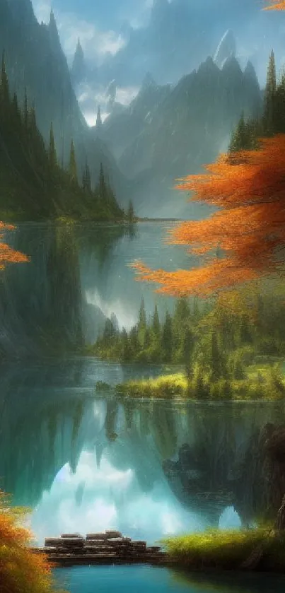 Serene mountain lake with autumn trees reflecting in tranquil water.