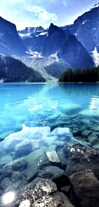 Serene mountain lake with clear water and majestic peaks.