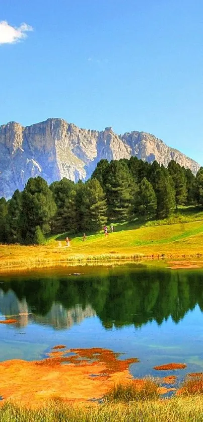 Serene mountain lake with lush trees and clear blue sky.