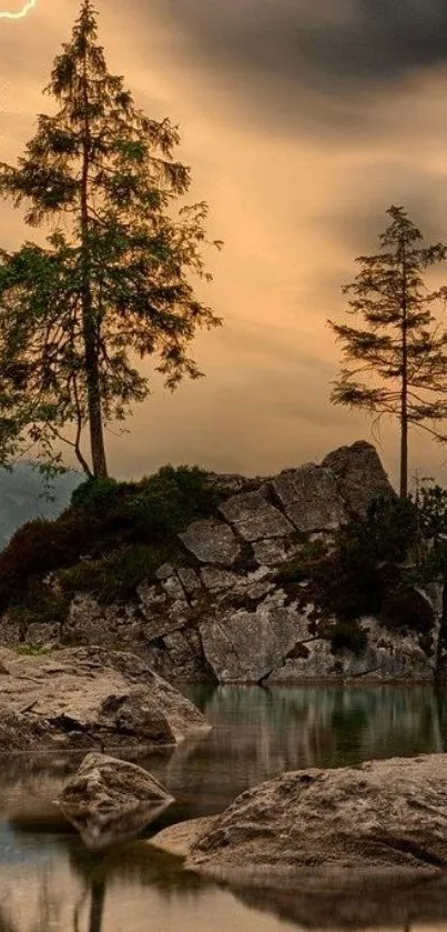 Serene mountain lake wallpaper with trees and lightning in warm tones.