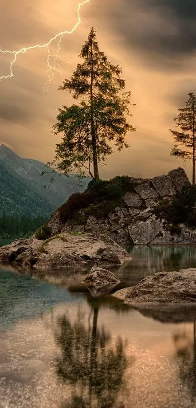 Tranquil mountain lake scene with lightning and lush trees at sunset.