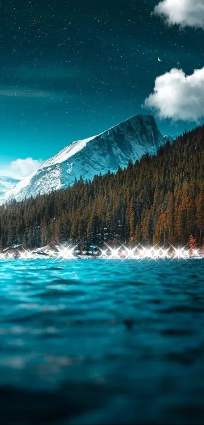 Tranquil mountain lake under a starry night sky with majestic peaks.