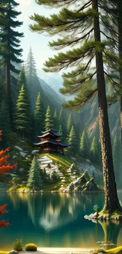 Serene mountain lake with forest and temple.