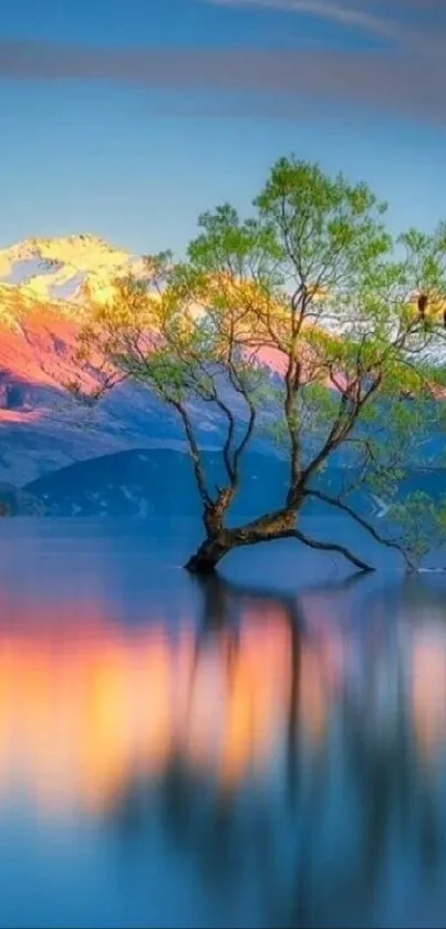 Serene lake with tree in vivid mountain landscape.