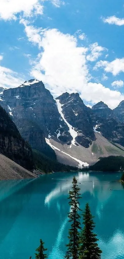 Serene turquoise lake with majestic mountains.