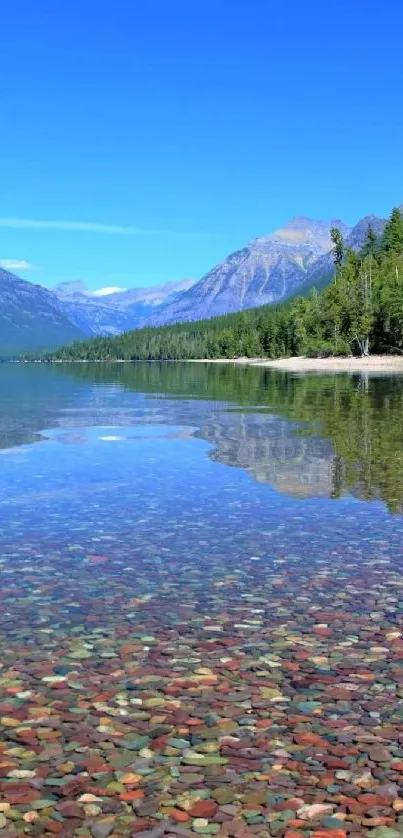 Serene mountain lake with clear blue sky and colorful stones.