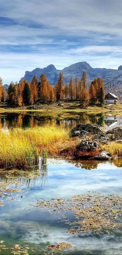 Tranquil mountain lake with autumn trees.