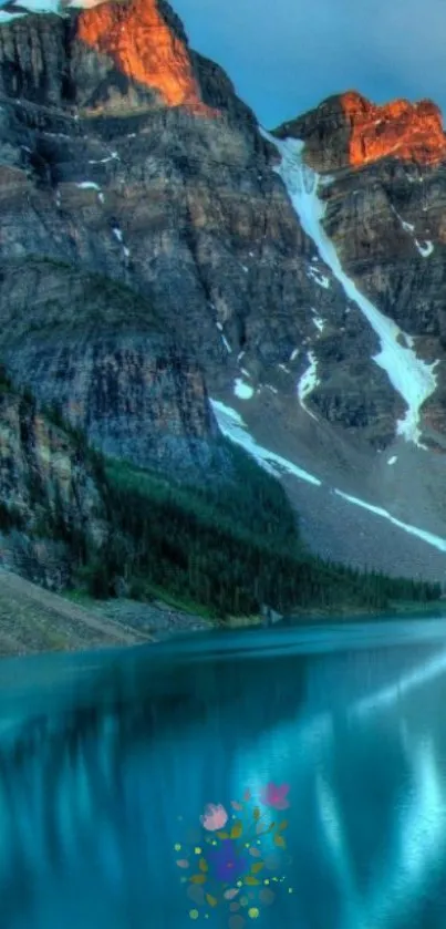 Serene mountain lake with cliffs at dusk.