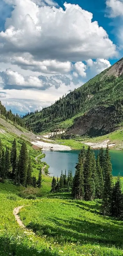 Serene mountain lake with lush greenery and clear blue sky.