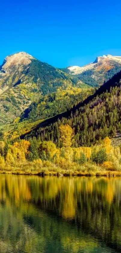 Serene mountain lake with vibrant reflections and blue sky.