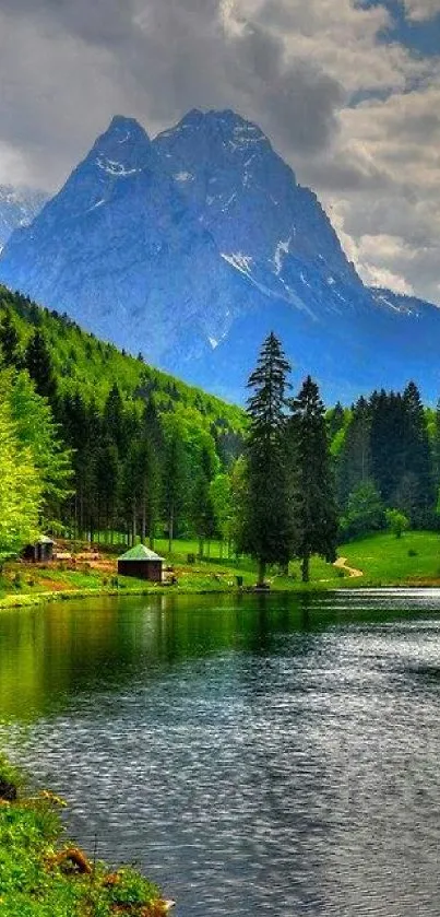 Serene mountain lake with lush forest and dramatic sky.