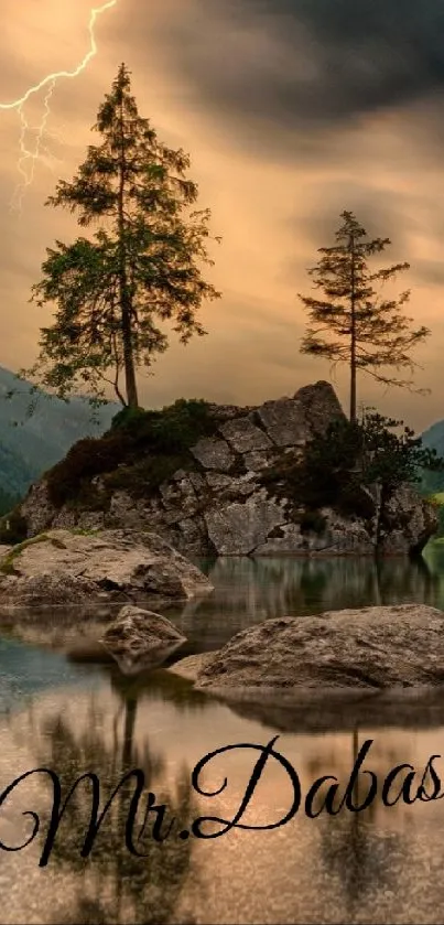 Serene mountain lake view with trees and dramatic sky reflections.