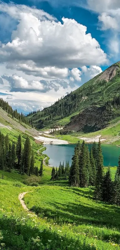 Serene mountain landscape with lake and greenery.