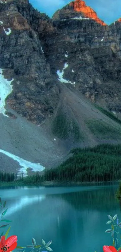 Serene mountain lake with rocky peaks and lush greenery.