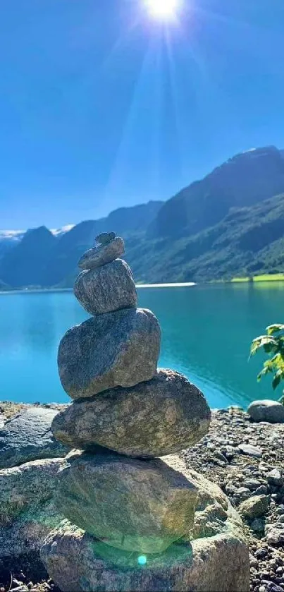 Serene lake view with mountains and blue sky.