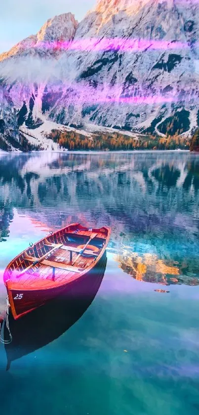 Serene mountain lake scene with boat and snowy peaks.