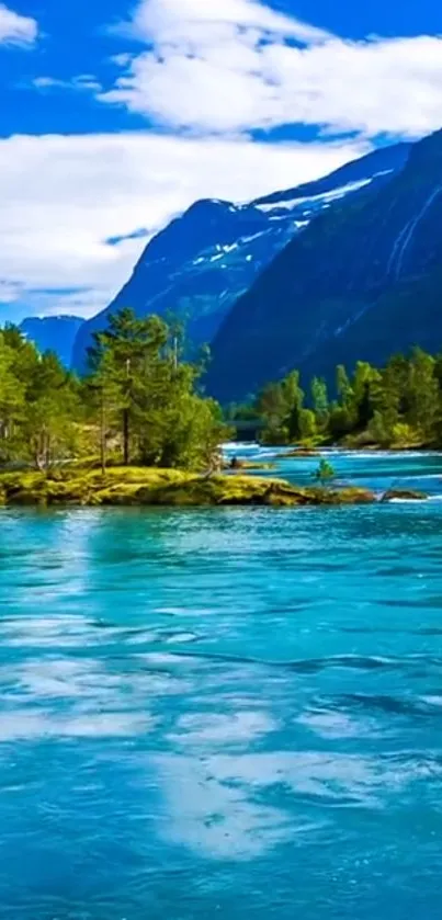 Serene lake with lush greenery and mountains under a blue sky.