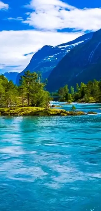 Tranquil mountain lake with lush greenery and clear blue water.