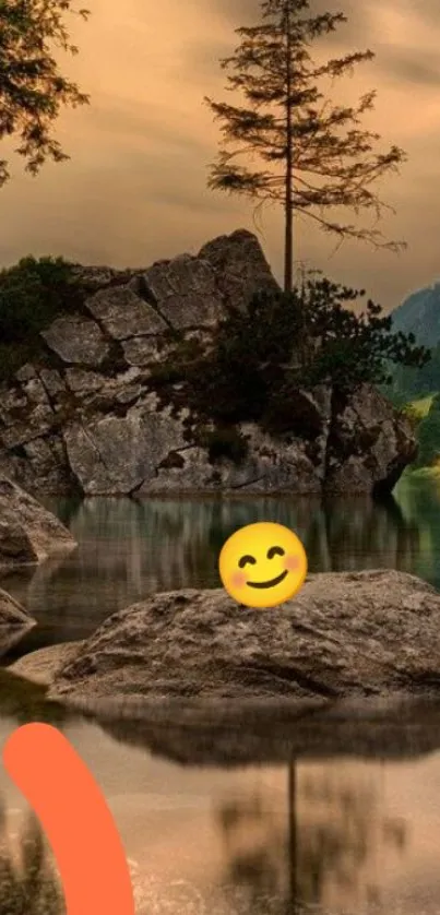 Serene mountain lake with trees and rocks at sunset.