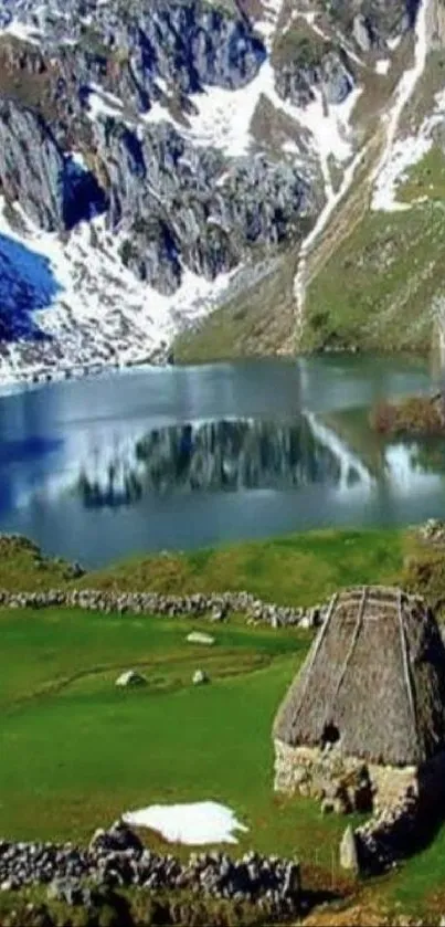 Serene mountain lake view with greenery and peaks.