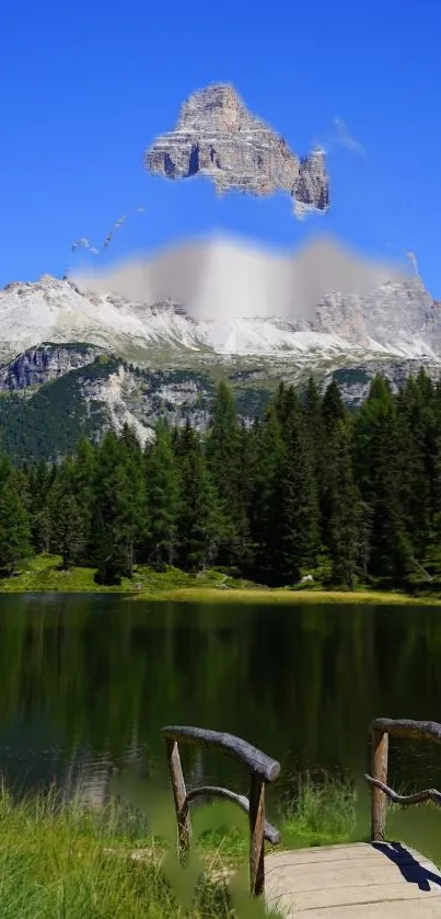 Serene mountain lake with lush forests and clear blue sky.