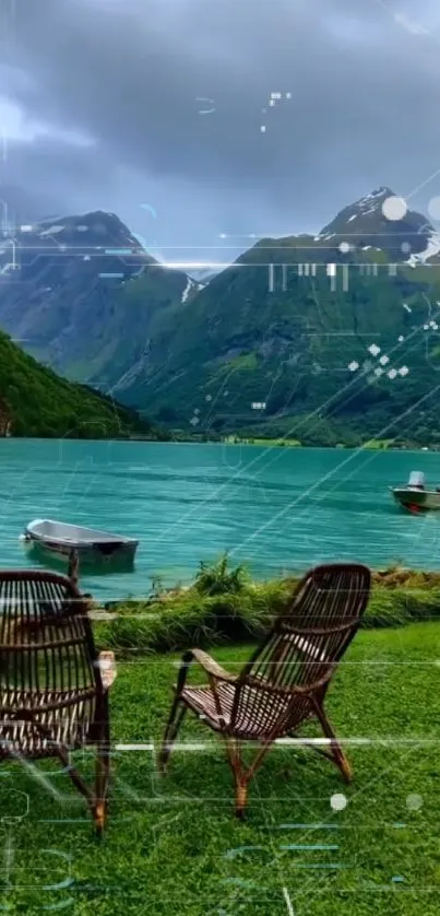 Serene mountain lake view with chairs and boats in the foreground.