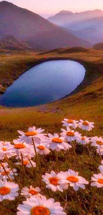 Beautiful mountain lake with daisies and scenic view in vibrant colors.