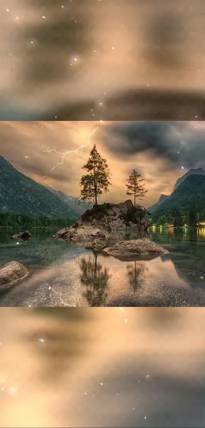 Serene mountain lake at dusk with lightning and reflections in calm waters.