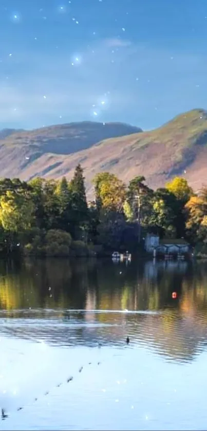 Tranquil mountain lake with a clear blue sky and lush trees.