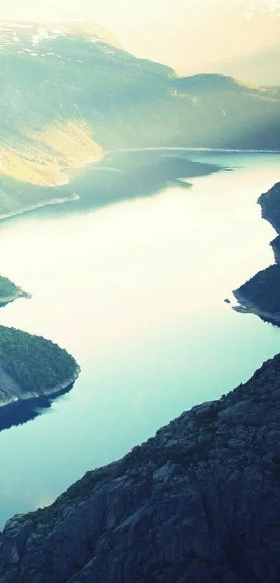 Serene mountain lake with peaceful blue water.