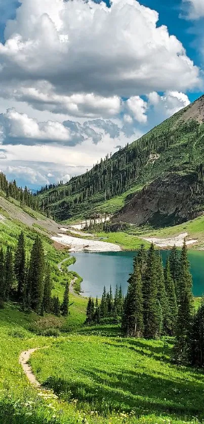 Stunning mountain lake with lush greenery and clear blue skies.