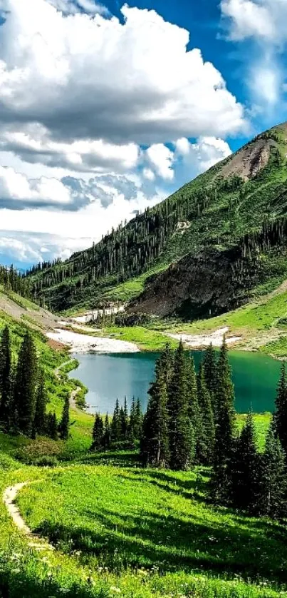 Mountain lake with lush green valley and blue sky wallpaper.