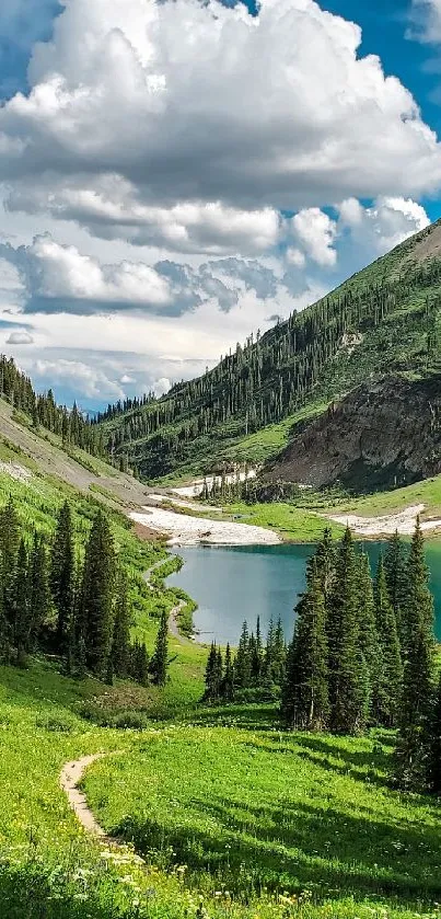 Scenic mobile wallpaper of a tranquil mountain lake with lush greenery.