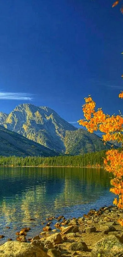 Serene mountain lake with blue sky and autumn foliage.