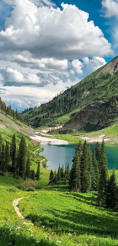 Scenic view of mountain lake with lush greenery and serene clouds.