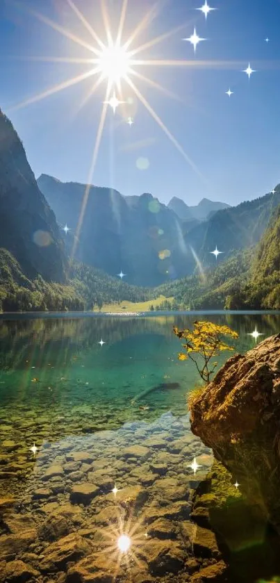 Serene mountain lake with sunny blue sky reflecting the peaceful landscape.