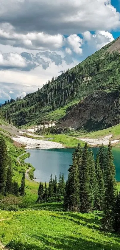 Serene mountain landscape with lake and greenery under a blue sky.