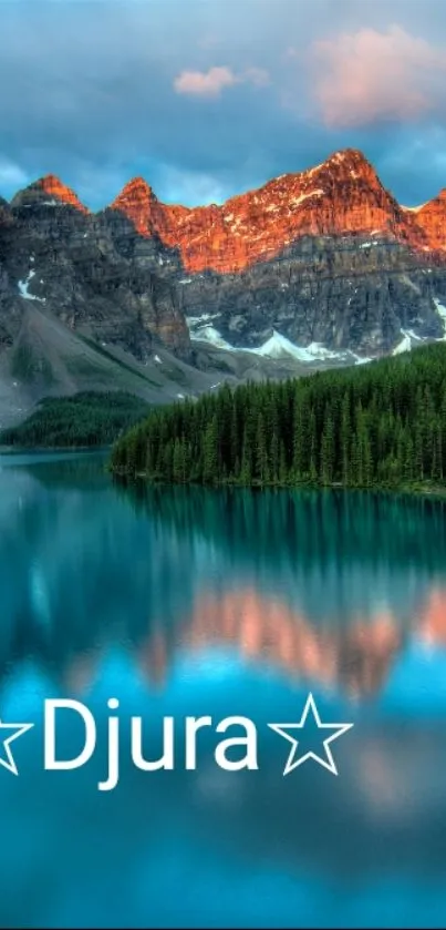 Serene mountain lake scene with reflection and vibrant peaks.